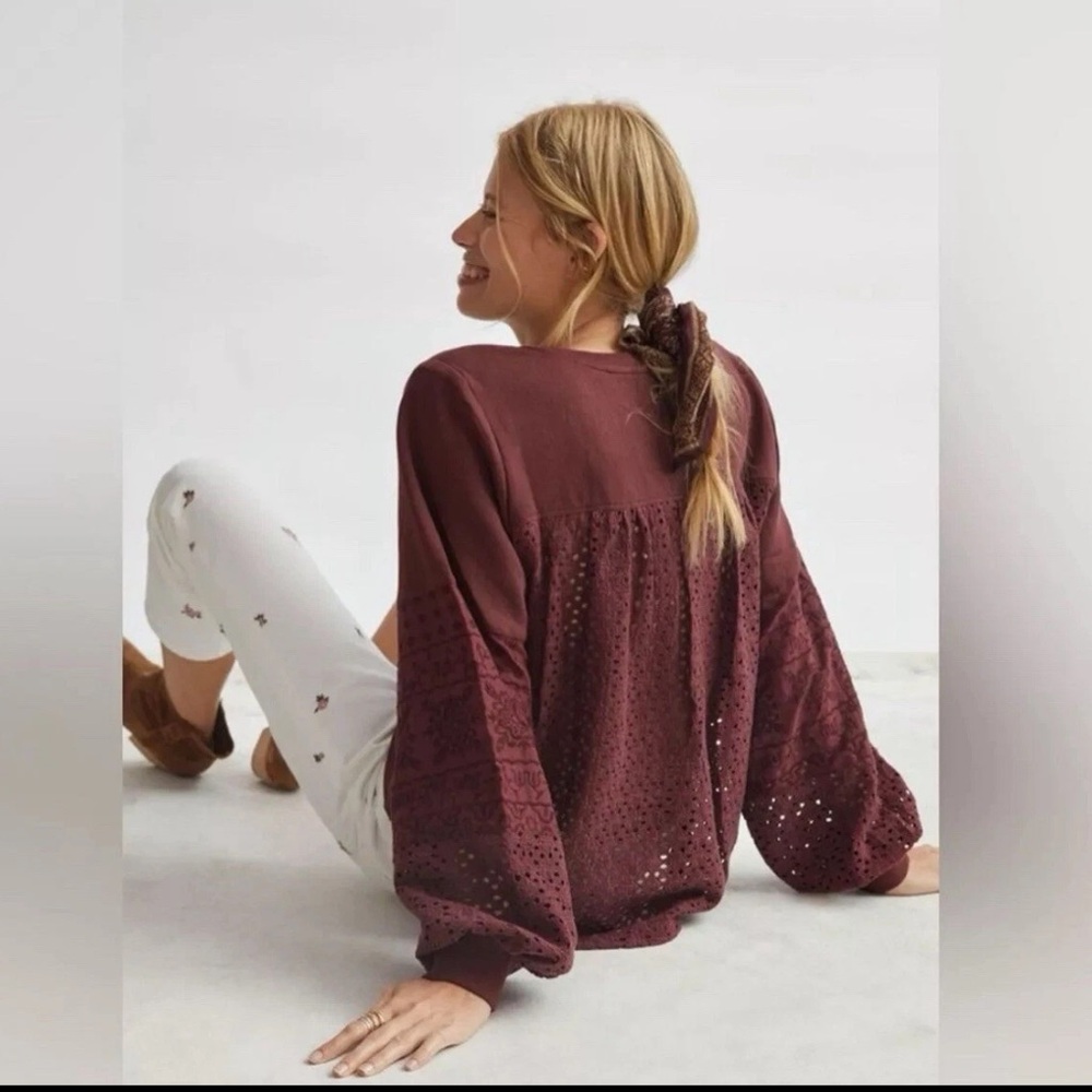 Anthropologie Plum Eyelet V Neck Balloon Sleeve Sweater Size XS - Picture 3 of 9